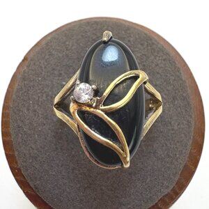 Antique 10K Yellow Gold Filled Black Onyx & Zircon Cocktail Ring Size 6.75
